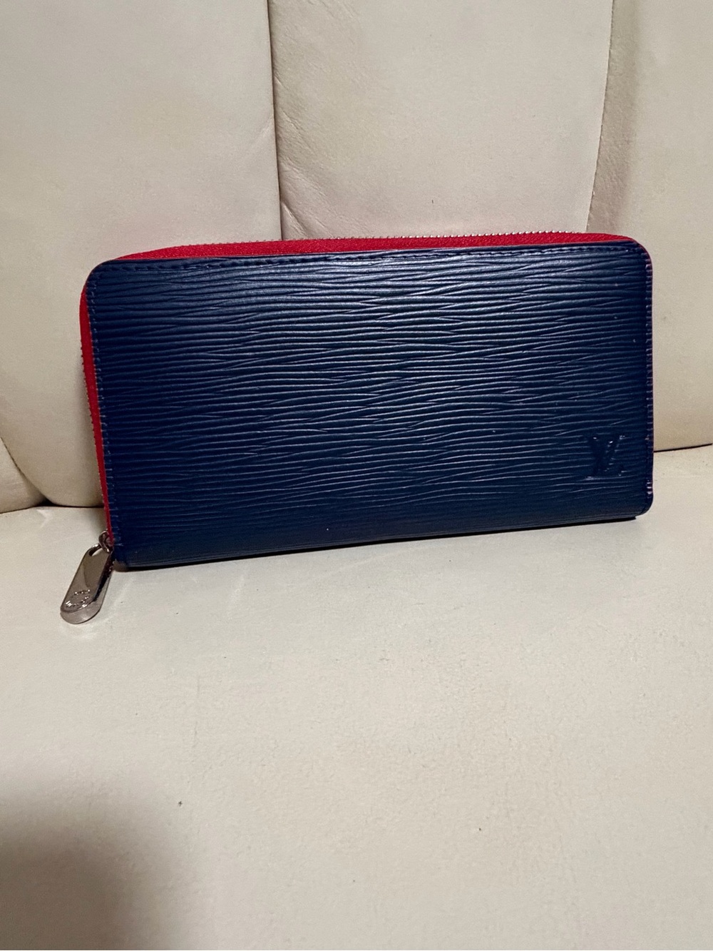 Louis Vuitton Navy Leather Zip Wallet with Red Trim